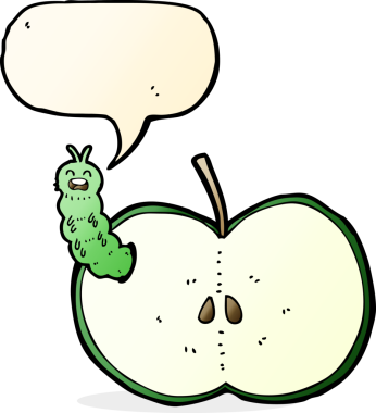 bir insan tarafından çizilmiş konuşma balonlu elma yiyen çizgi film böceği