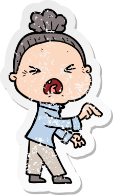 Bir insan tarafından çizilmiş kızgın yaşlı bir kadının sıkıntılı çıkartması.