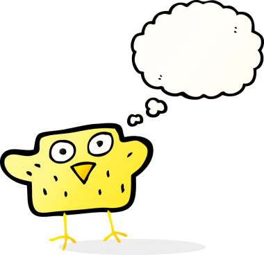 Bir insan tarafından çizilmiş düşünce baloncuklu çizgi film kuşu.