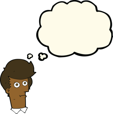 Bir insan tarafından çizilmiş düşünce baloncuğuyla dik dik bakan çizgi film.