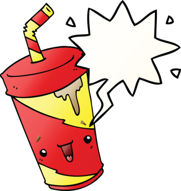 Bir insan tarafından çizilmiş, konuşma baloncuklu tatlı bir karikatür soda.