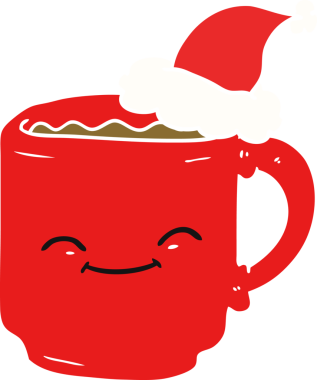 Bir insan tarafından çizilmiş Noel Baba şapkası giymiş bir kahve fincanının düz renkli çizimi.