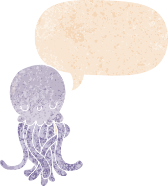 Grunge 'da konuşma baloncuğu olan sevimli denizanası çizgi film karakteri bir insan tarafından çizilmiş.