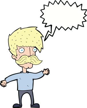 Bir insan tarafından çizilmiş konuşma baloncuğuyla bıyıklı çizgi film adamı.