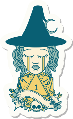 Bir insan tarafından çizilmiş doğal D20 rulo ile ağlayan bir insan cadının çıkartması.