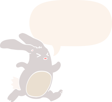 Konuşma baloncuklu çizgi film tavşanı insan tarafından çizilmiş.