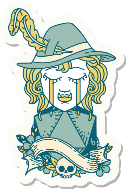 Ağlayan bir ork ozan karakterinin çıkartması. Bir insan tarafından çizilmiş doğal bir D20 rulosu.