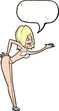 Bir insan tarafından çizilmiş konuşma balonu olan bikinili bir kadın.