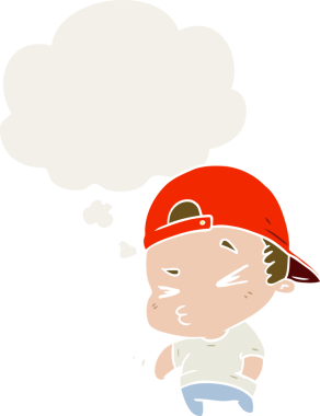 Bir insan tarafından çizilmiş düşünce baloncuğu olan havalı bir çocuk.