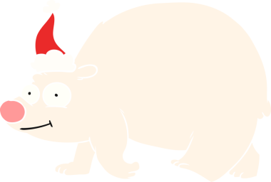 Bir insan tarafından çizilmiş Noel Baba şapkası giyen yürüyen bir kutup ayısının el resmi.