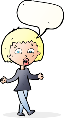 Bir insan tarafından çizilmiş konuşma baloncuğuyla omuz silken çizgi film kadını.