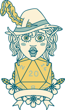 Retro Dövme Tarzı Elf Ozanı Bir insan tarafından çizilmiş doğal yirmi zar atışıyla