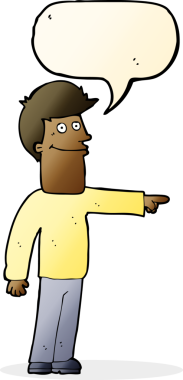 Bir insan tarafından çizilmiş bir konuşma balonuyla işaret eden çizgi film adamı.