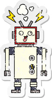 Bir insan tarafından çizilmiş çatlak bir robot çizgi filmin sıkıntılı çıkartması.