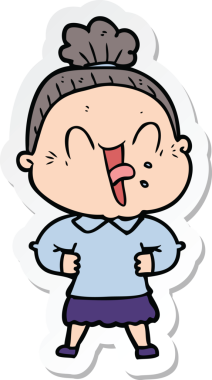 Bir insan tarafından çizilmiş mutlu yaşlı bir kadının çıkartması.