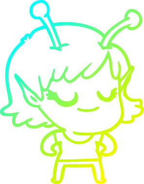 Bir insan tarafından çizilmiş gülümseyen uzaylı kız çizgi filmi.