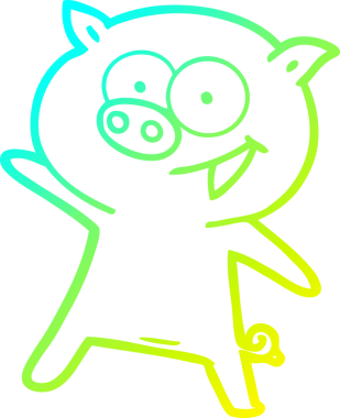 Bir insan tarafından çizilmiş neşeli dans eden domuz çizgi filminin soğuk gradyan çizimi.