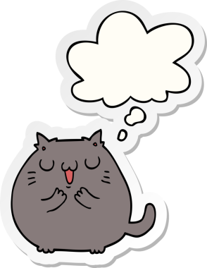 Mutlu çizgi film kedisi. Düşünce baloncuğu insan tarafından çizilmiş bir çıkartma.