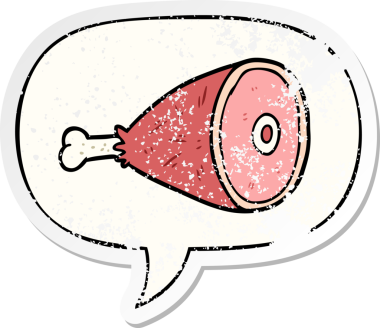 Konuşma baloncuğu ile pişirilmiş et bacağı bir insan tarafından çizilmiş sıkıntılı eski bir çıkartma