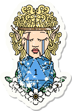 Ağlayan barbar bir elf karakterinin grunge çıkartması. İnsan tarafından çizilmiş doğal bir D20 rulosu.