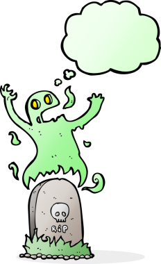 Bir insan tarafından çizilmiş düşünce baloncuğuyla mezardan yükselen karikatür hayaleti