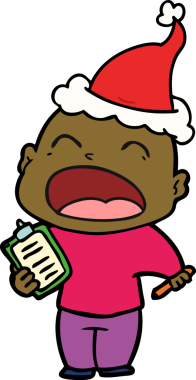 Bir insan tarafından çizilmiş Noel Baba şapkası giymiş bağıran kel bir adamın el çizimi.