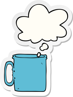 Düşünce baloncuklu bir kahve fincanı insan tarafından çizilmiş bir çıkartma.