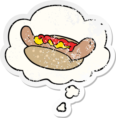 Düşünce baloncuklu çizgi film sosislisi insan tarafından çizilmiş yıpranmış bir çıkartma.