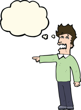 Bir insan tarafından çizilen düşünce baloncuğuyla suçlanan çizgi film adamı.