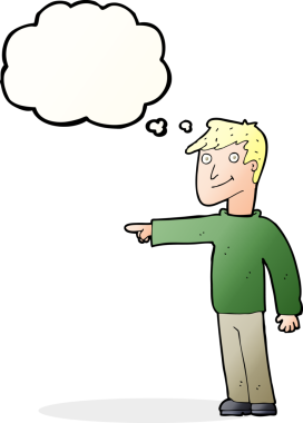 Bir insan tarafından çizilen düşünce baloncuğuyla işaret eden çizgi film adamı.