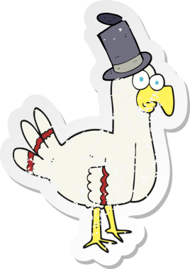 Bir insan tarafından çizilmiş silindir şapkalı çizgi film kuşunun gerilimli çıkartması.