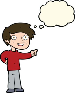 Bir insan tarafından çizilen düşünce baloncuğuyla işaret eden çizgi film adamı.