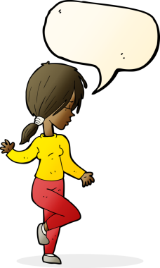 Bir insan tarafından çizilmiş konuşma balonuyla dans eden karikatür kızı.