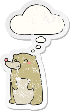 Düşünce baloncuğu olan sevimli çizgi film ayısı bir insan tarafından çizilmiş yıpranmış bir çıkartma gibi.