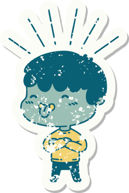 Bir insan tarafından çizilmiş dili çıkmış dövmeli bir çocuğun eski çıkartması.