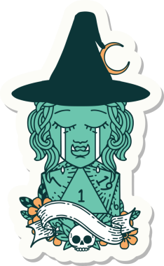 Ağlayan yarım ork karakterli bir cadının çıkartması. Bir insan tarafından çizilmiş doğal bir d20 zar.