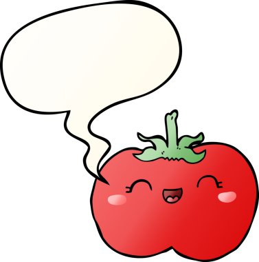 bir insan tarafından çizilmiş, konuşma baloncuklu çizgi film domatesi.
