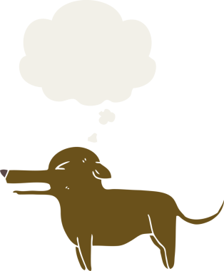 Düşünce baloncuğu olan bir insan tarafından çizilmiş çizgi film köpeği.