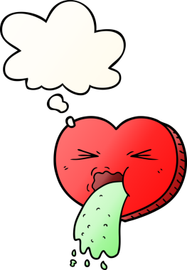 Çizgi film hasta bir kalbi sever. Düşünce baloncuğu bir insan tarafından çizilmiş yumuşak eğimli bir kalp.