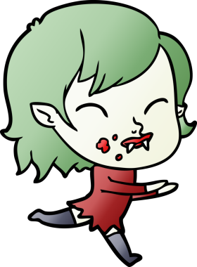 Bir insan tarafından çizilmiş yanağında kan olan vampir kız çizgi filmi.