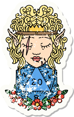 Bir insan tarafından çizilmiş doğal 20 zarlı elf barbar karakterinin grunge sticker 'ı.