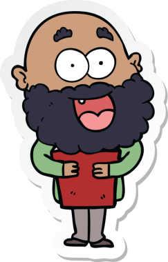 Bir insan tarafından çizilmiş sakallı ve kitaplı çılgın mutlu bir adamın çıkartması.