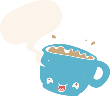 bir insan tarafından çizilmiş, konuşma baloncuklu bir kahve fincanı.