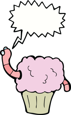 Bir insan tarafından çizilmiş konuşma baloncuklu kek içindeki çizgi film solucanı.