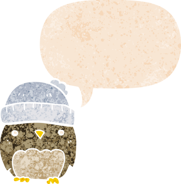 Şapkalı sevimli bir baykuş, grunge 'da konuşma baloncuğu olan sıkıntılı eski moda bir insan tarafından çizilmiş.