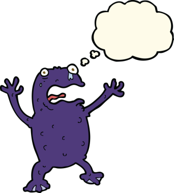 Bir insan tarafından çizilmiş düşünce baloncuklu zehirli kurbağa çizgi filmi.