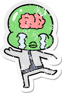 Bir çizgi filmin sıkıntılı çıkartması. Bir insan tarafından çizilmiş büyük beyinli uzaylı ağlaması.