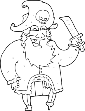 Bir insan tarafından çizilmiş siyah beyaz karikatür korsan kaptanı