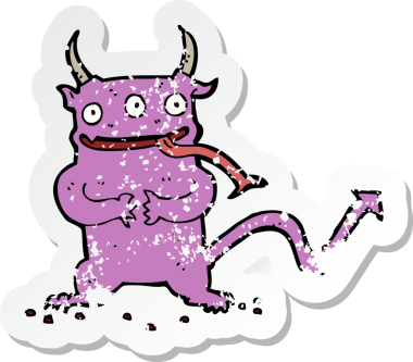 Bir insan tarafından çizilmiş küçük bir iblisin gerilmiş çıkartması.