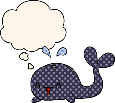 Çizgi roman tarzında bir insan tarafından çizilmiş düşünce baloncuğu olan mutlu bir balina.